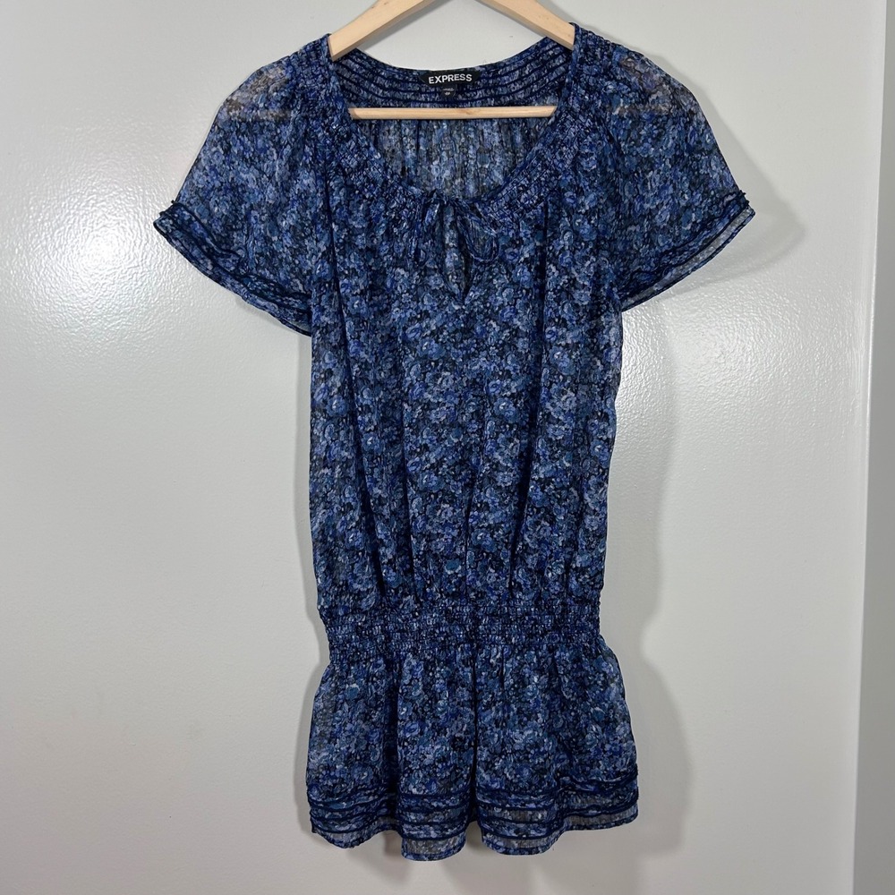 Express Floral Smocked Waist Peplum Blouse Blue Black XS Short Sleeve Sheer Top